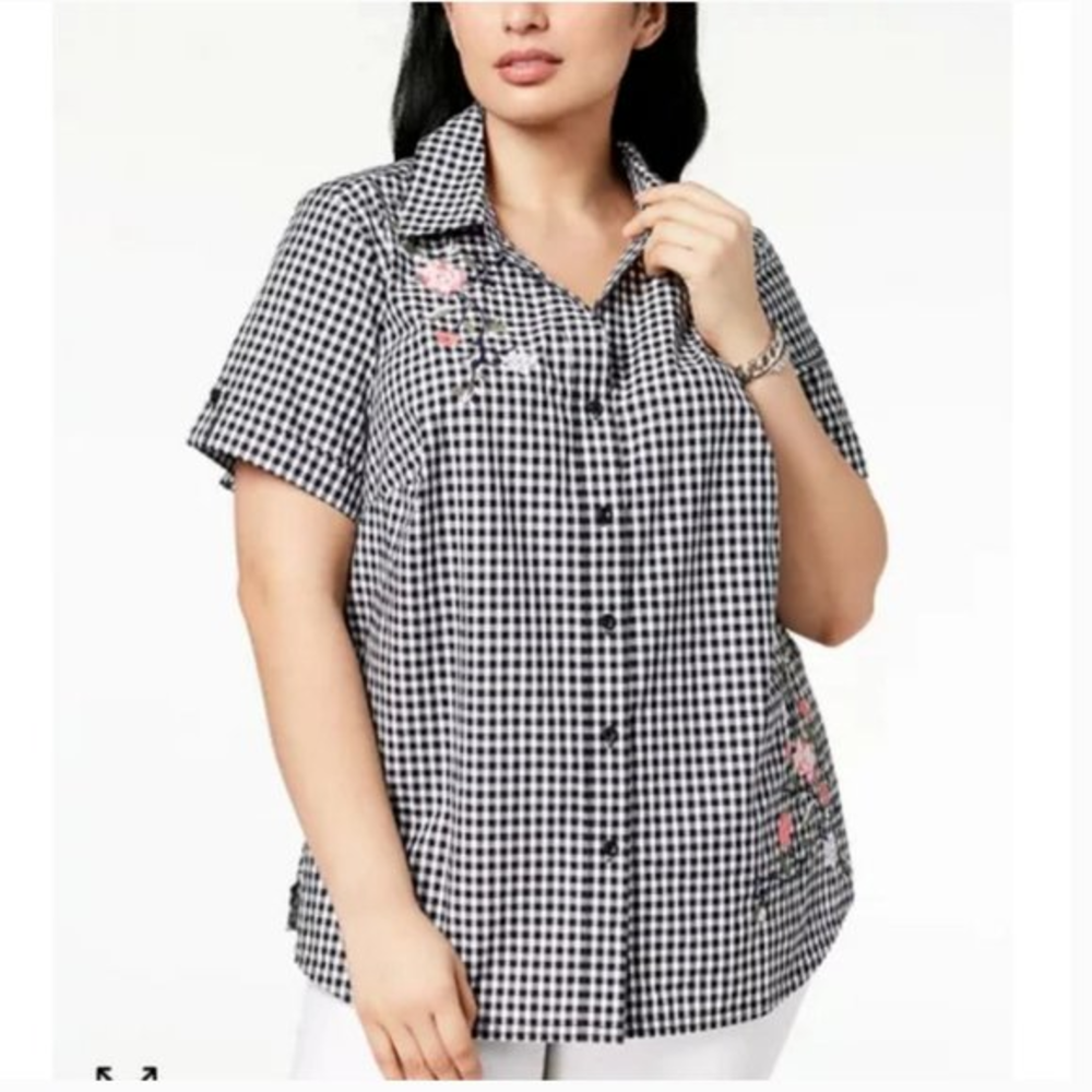 Karen Scott Gingham Button Down Top‎ Embroidered Floral Detail Petite XL Black